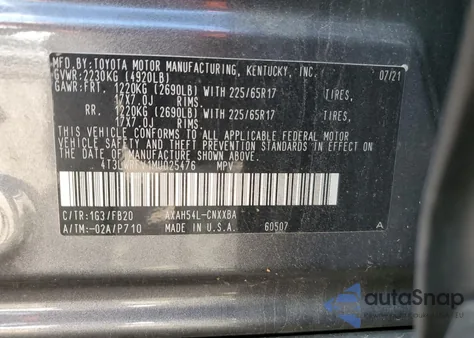 2021 Toyota Rav4 Hybrid Le из США, поврежденный, VIN 4T3LWRFV1MU025476